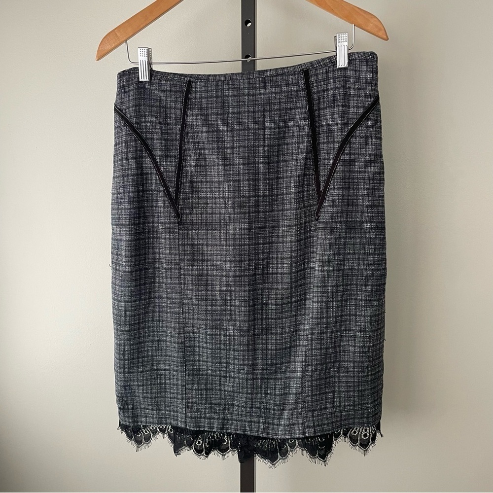 Vintage Le Chateau Pleated Check Lace Trim Skirt Grey Size 12 Larfe